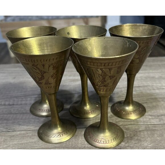 Other - Etched Brass Wine Goblet India Table Top Decor Vintage Beware 5 Small Solid Cups